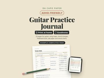 Included: the guitar practice journal, with an example completed song map page and the kit on a tablet.