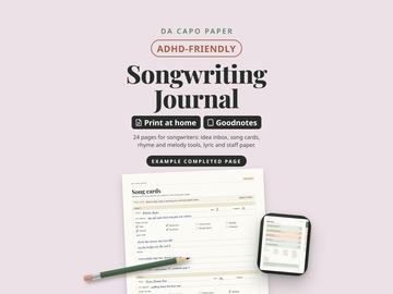 Included: the songwriting journal, with an example completed song cards page and the kit on a tablet.