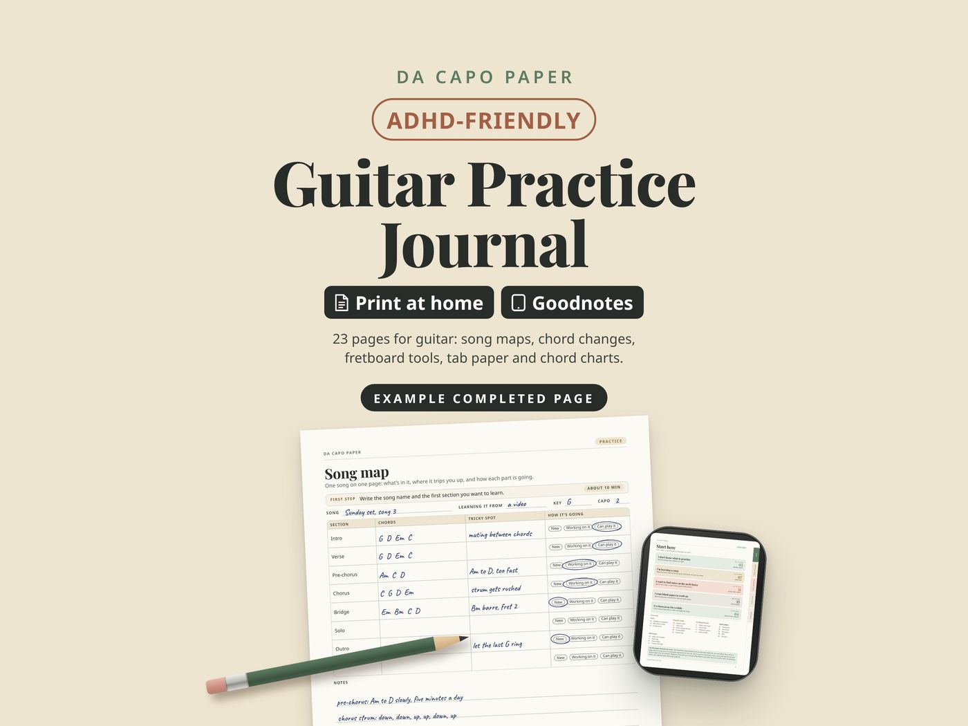 Da Capo Paper ADHD-friendly guitar practice journal, a printable and Goodnotes PDF: an example completed song map page with a pencil, and the kit on a tablet.