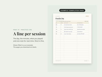 Example completed guitar practice log page with handwritten entries: the day, the minutes, what was practiced and a note for next time.