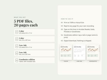 The five PDF files included: Color and Low-Ink in US Letter and A4, plus a Goodnotes tablet edition with clickable tabs.