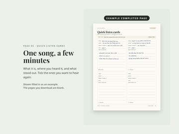 Example completed quick listen cards page with handwritten notes on two songs: where each was heard and what stood out.