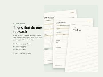Three blank pages from the listening journal: one song up close, two versions and cover sketch.