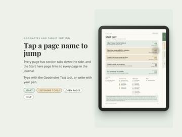Goodnotes edition on a tablet: the Start here page with five clickable doors, a clickable index of every page, and colored section tabs down the right side.