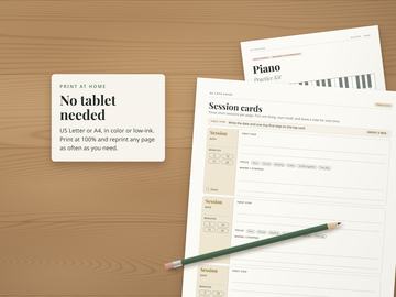 Printed session cards page on a wooden desk with a pencil, the cover underneath. No tablet needed: print at home on US Letter or A4, in color or low-ink.