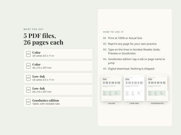 The five PDF files included: Color and Low-Ink in US Letter and A4, plus a Goodnotes tablet edition with clickable tabs.