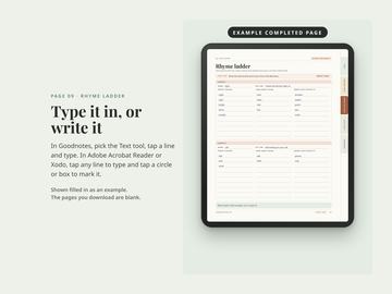 Example rhyme ladder page typed in on a tablet: two words with perfect rhymes, same vowel sounds and related words underneath.