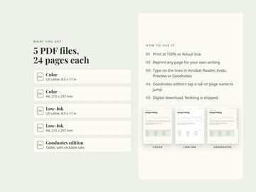 The five PDF files included: Color and Low-Ink in US Letter and A4, plus a Goodnotes tablet edition with clickable tabs.